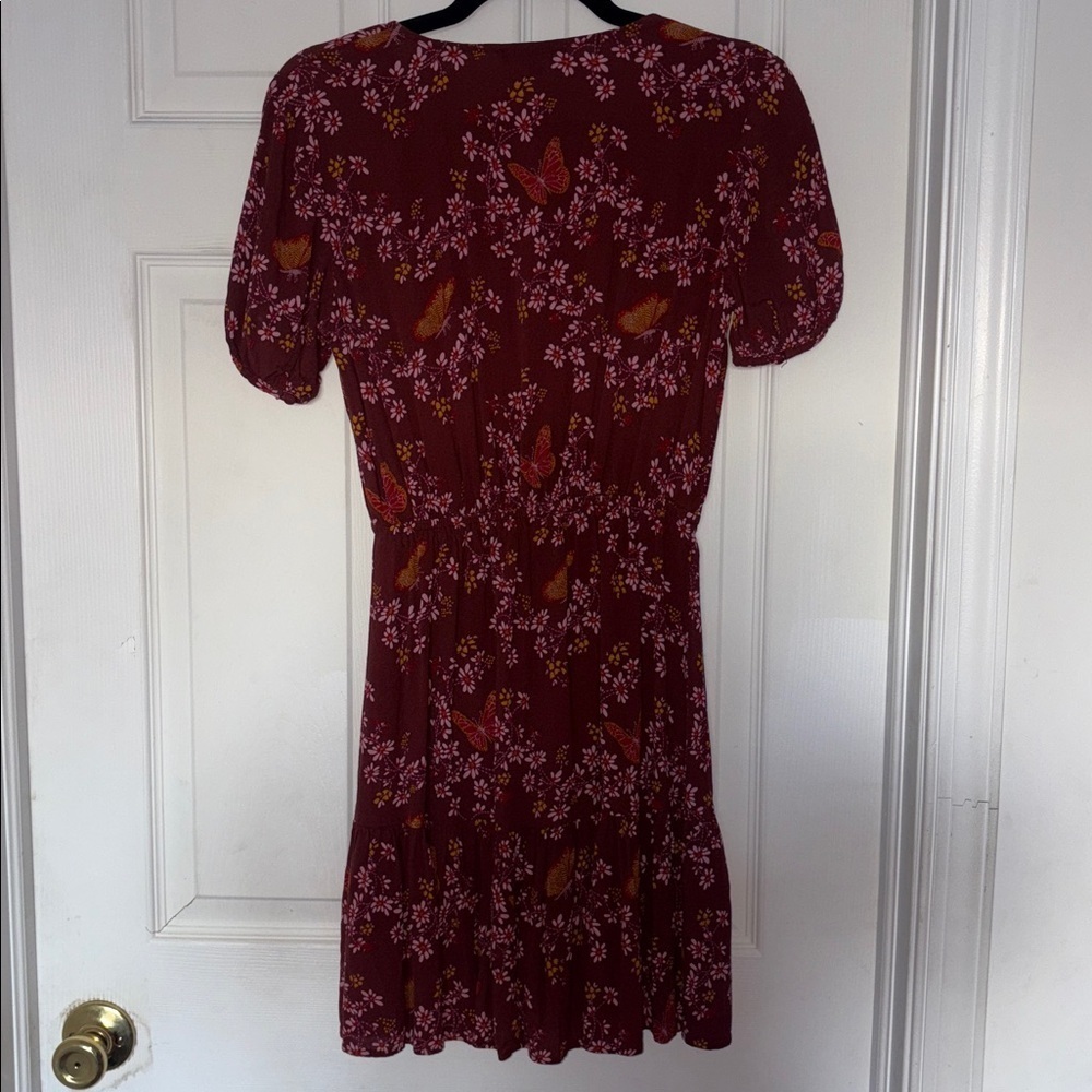 Madewell Ruffle Wrap Windowbox Red Brown Floral Dress Size 4 - Picture 6 of 9